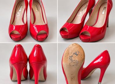 GUESS red patent peep-toe platform stilettos EU 36.