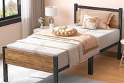 Single Bed Frames with Wood Headboard 31.5cm Metal Platform Bed Frame with Storage Sturdy Non-Slip Without Noise No Box Spring Needed Black &amp; Rustic Brown