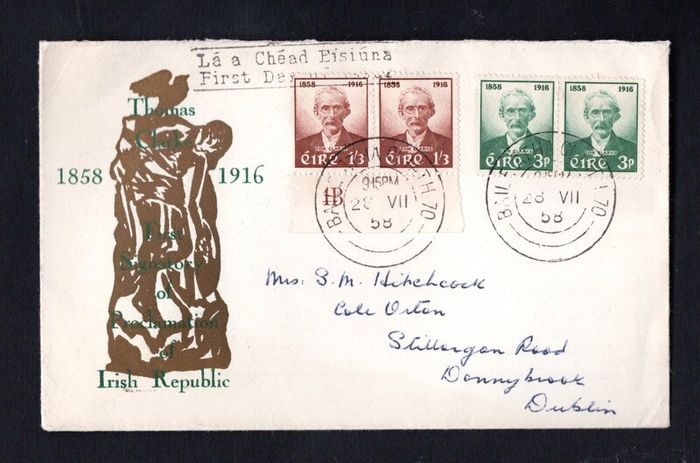 1958 Ireland Centenary of the Birth of Tomas (Tom) Clarke (Patriot) Marginal pairs on illustrated Commemorative Stamps First Day Cover (FDC) with Baile Atha Cliath (Dublin) cancel