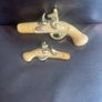 Vintage ceramic pistol decanters, porcelain flintlock liquor bottles, novelty whiskey bottles, matching pair, unmarked, mid-century Image 2