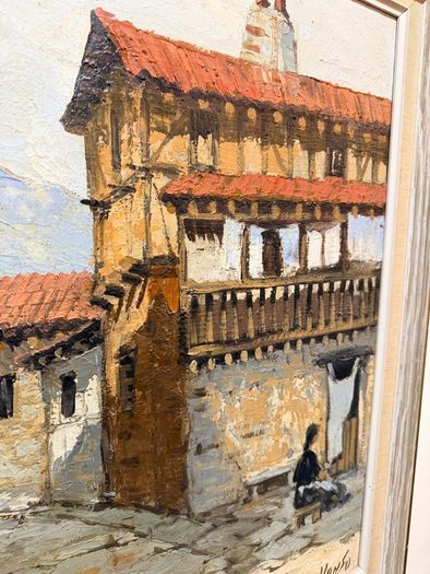 Vintage Oil Painting on Canvas , Rustic Village Street Scene, Signed