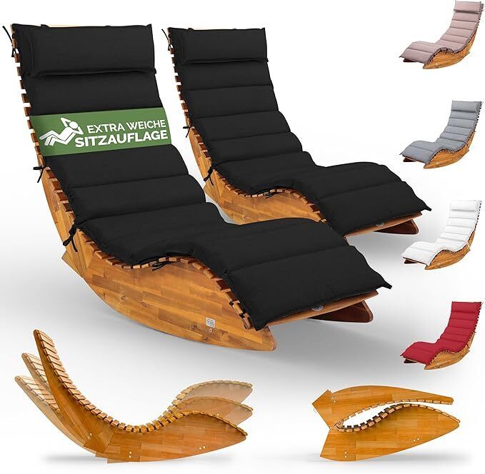 2 x Sun Lounger with Cushion for 2 People,oad Capacity, FSC Certified Swing Lounger Set for Balcony, 195 x 60 cm