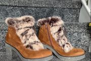 Premoli Brown Suede Fur Trim Chunky Heel Ankle Boots Size 38/UK 5