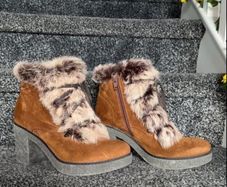 Premoli Brown Suede Fur Trim Chunky Heel Ankle Boots Size 38/UK 5