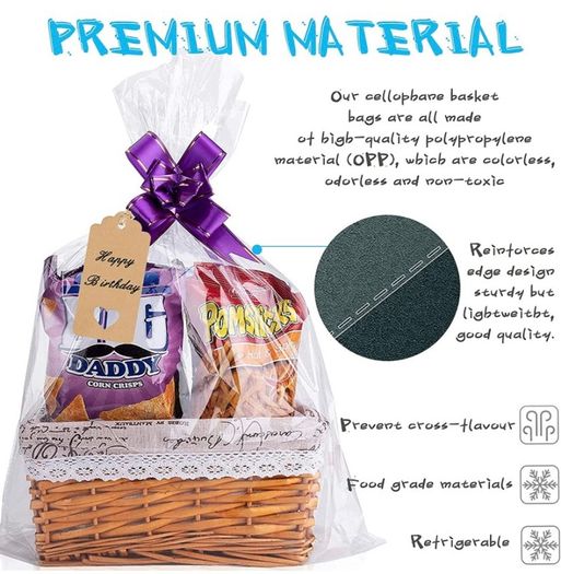 20Pcs Cellophane Basket Bags, 14X20in Clear Hamper Wrap Bag with Pull Bow Blank Hangtag & Twist Ties, Large Present Bags Set for Gift Packaging Arts Crafts Toys Fruit Christmas Making (FREE POSTAGE)