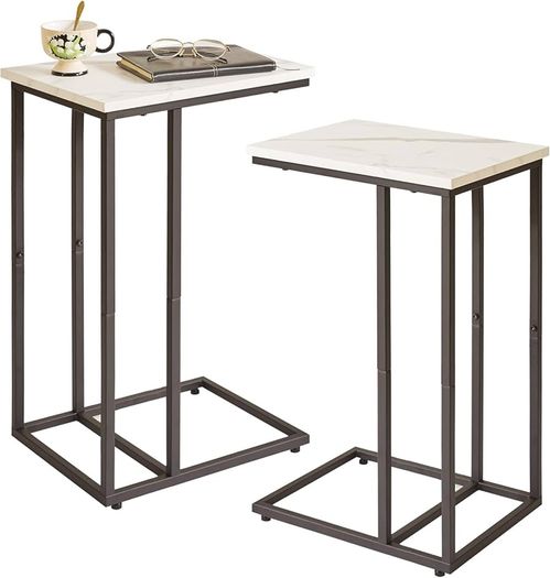 Set of 2 C Shaped End Table for Sofa, Bedside Table, Couch Table with Metal Frame for living Room, Bedroom, Balcony, White Faux Marble and Black Metal Frame