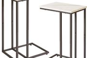Set of 2 C Shaped End Table for Sofa, Bedside Table, Couch Table with Metal Frame for living Room, Bedroom, Balcony, White Faux Marble and Black Metal Frame