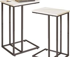 Set of 2 C Shaped End Table for Sofa, Bedside Table, Couch Table with Metal Frame for living Room, Bedroom, Balcony, White Faux Marble and Black Metal Frame