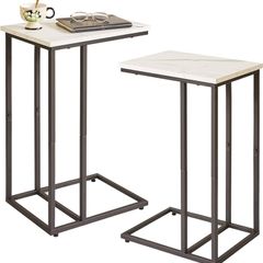 Set of 2 C Shaped End Table for Sofa, Bedside Table, Couch Table with Metal Frame for living Room, Bedroom, Balcony, White Faux Marble and Black Metal Frame