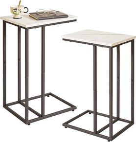 Set of 2 C Shaped End Table for Sofa, Bedside Table, Couch Table with Metal Frame for living Room, Bedroom, Balcony, White Faux Marble and Black Metal Frame