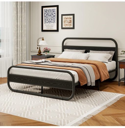 King Size Bed Frame Metal Platform Bed Frame with Wood Headboard