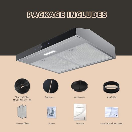 60cm Cooker Hood, 3 Speed Extractor Fan with Touch Control, LED Light, Carbon Filter, Wall or Under Cabinet Mounted Kitchen Extractor Hood, Recirculation & Duct Modes