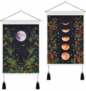 Pcs Wall Hanging Tassel Tapestry Decoration Moon Tapestries Wall Art Flower Tapestries for Bedroom Cotton Linen Inches Black (35 x 50cm)