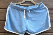 Light blue, ruched bum fleece shorts, size 8