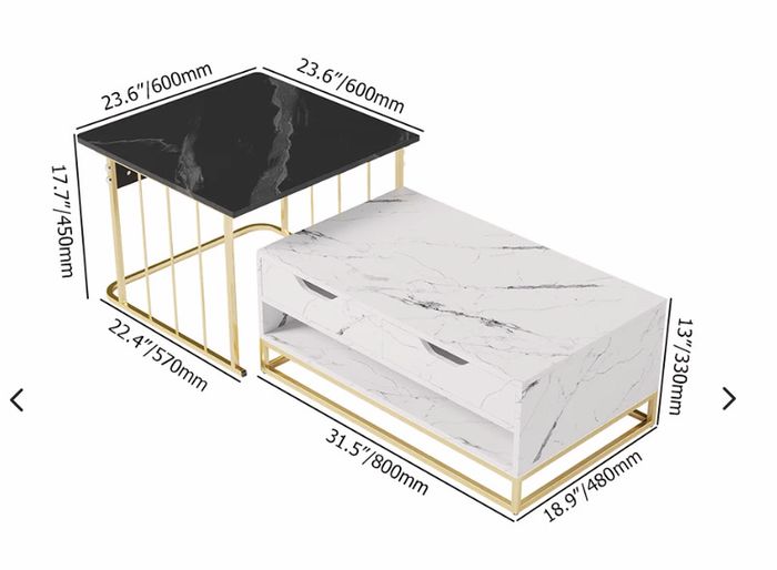 Modern Coffee Table Set of 2 with Drawers & Shelves in Black & White
