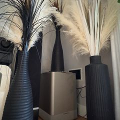 3 Black vases with fluffy pampas