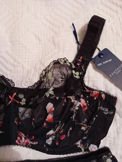 Fantasie Kimberley - Underwired Side Support Bra 30F and Briefs XS - Black Floral - BNWT RRP 58