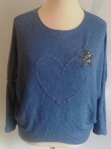 Carla Giannini Women's Angora Mix Top With Heart & Stars New With Tag Blue