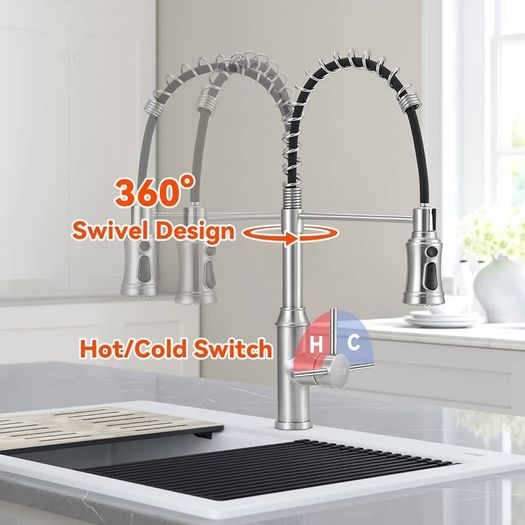 NEW SALE | Brushed Kitchen Tap,Spring Kitchen Taps with Pull Out Spray,3 Spray Modes 360 Degree Swivel High Arc Single Handle Kitchen Sink Mixer Tap with Pull Down Sprayer