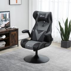 Gaming chair, height-adjustable & swivel, faux leather upholstery, flip-up armrests, Black+Gray