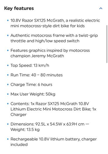 Razor SX125 McGrath 10.8V Electric Mini Dirt Bike
