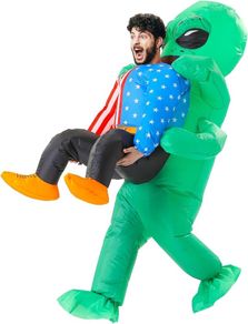 SEASONAL SALE Inflatable Alien Costume for Adult Green Alien Holding Human Costume Funny Halloween Blow up Costume Space Fancy Dress(Adult)