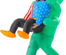 SEASONAL SALE Inflatable Alien Costume for Adult Green Alien Holding Human Costume Funny Halloween Blow up Costume Space Fancy Dress(Adult)