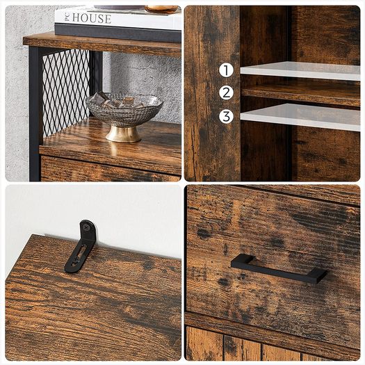 Bathroom cabinet, sideboard, storage cabinet, adjustable shelf, steel frame, for living room, kitchen, industrial style, vintage brown-black
