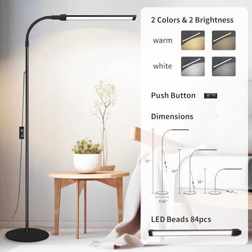 Lash Light, LED Floor Lamp, Reading Floor Lamp, Adjustable Gooseneck, 3 Heights, 10W Dual Brightness, Portable Standing Lamp for Eyelash Extensions, Makeup, Office