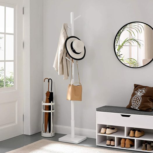 coat stand, clothes stand, solid wood, free-standing, tree shape, 8 hooks for jackets, hats, bags, entrance area, hallway, hooks and handrail made of rubber wood, white