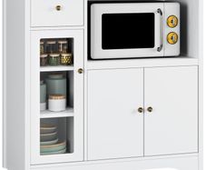 Kitchen Cupboard, White Kitchen Storage Cabinet with Doors, Microwave Counter and Adjustable Shelves, Modern Sideboard for Dining Room, Living Room, 90 x 40 x 82 cm