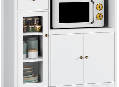 Kitchen Cupboard, White Kitchen Storage Cabinet with Doors, Microwave Counter and Adjustable Shelves, Modern Sideboard for Dining Room, Living Room, 90 x 40 x 82 cm
