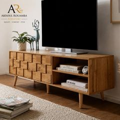 160cm Oak Effect TV Stand  Modern Entertainment Unit with Storage Cabinet