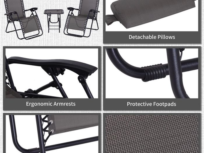 3pcs Folding Zero Gravity Chairs Sun Lounger Table Set w/ Cup Holders Reclining Garden Yard Pool, Dark Grey