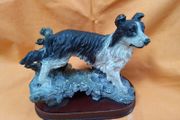 Black &amp; White Collie Figurine on a Wooden Plynth