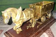 Solid Brass Shire Horse Pulling a Mining Cart mounted on wooden plinth, Postage Available or collection