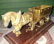 Solid Brass Shire Horse Pulling a Mining Cart mounted on wooden plinth, Postage Available or collection