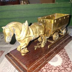 Solid Brass Shire Horse Pulling a Mining Cart mounted on wooden plinth, Postage Available or collection