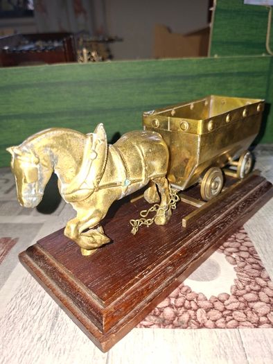 Solid Brass Shire Horse Pulling a Mining Cart mounted on wooden plinth, Postage Available or collection