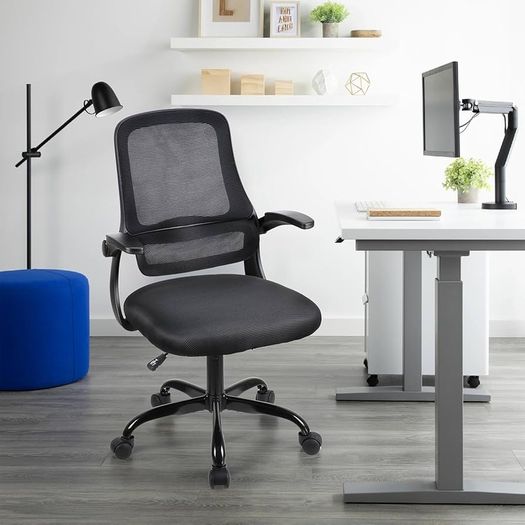 Adjustable ergonomic mesh swivel chair, office and study seat with lumbar support, height adjustment, 360 rotation, 90 flip-up armrests for home office(Black)