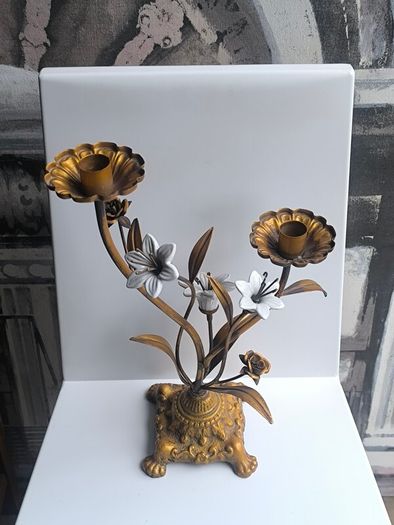 Antique 1930s French Botanical Gilt Metal & Porcelain Candelabra