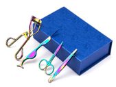 Eyelash Curler Set in Elegant Box with Mirror - Eyebrow Tweezers, Scissors - BLUE