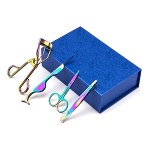 Eyelash Curler Set in Elegant Box with Mirror - Eyebrow Tweezers, Scissors - BLUE