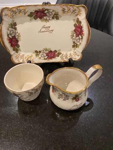 Old  H Aynsley and Co Happy Anniversary trio  tray jug and sugar bowl