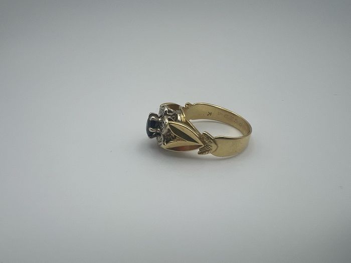 Antique 18ct Gold Diamond and Sapphire Ring Custom Crown Design - 6 Diamond cluster and Large Dark Blue Rare Sapphire - Beautiful Crown Design