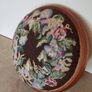Vintage hand embroidered floral design on wooden base stool, Image 4