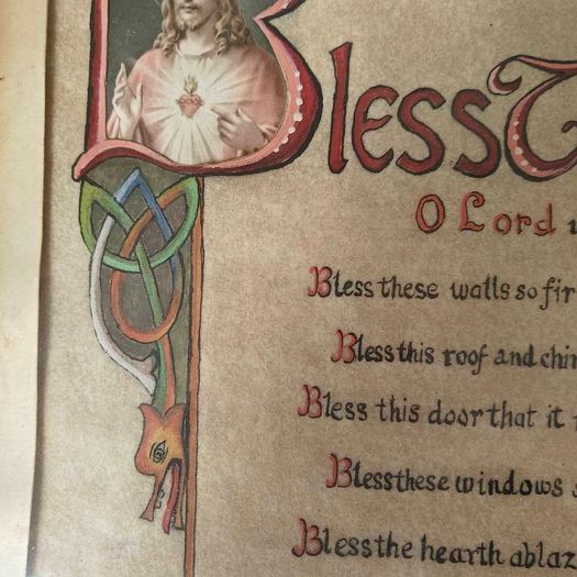 Vintage hand painted calligraphic "Bless This House" framed bespoke  picture, religious devotional item 1950s 1960s prop
