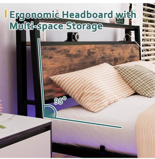 Double Size Floating Bed Frame with Wooden Headboard Storage, Brown Charging Station, LED Lights, Ergonomic 95-degree Headboard Angle, Heavy Duty Metal Slats, No Box Spring Needed