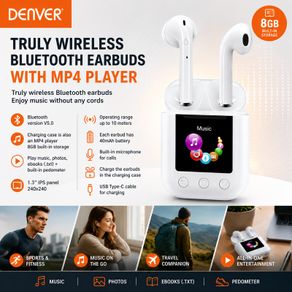 Denver TWE-61 MP4 Bluetooth Earbuds Truly Wireless Bluetooth Earbuds with MP4 Player