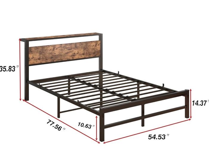 Double Bed Frame,Metal Platform Bed 135x190 cm,Brown No Box Spring Needed,Steel Slats Mattress Base,with Wood Storage Headboard,Noise Free,Black Double Bed Frame,Easy Assembly